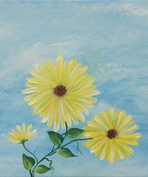 Painting of three yellow daisies against a blue sky background.
