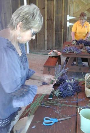 Crafts group making lavender wreaths.