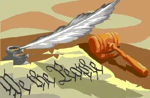 Illustration of a quill, inkpot, legal document, and gavel.