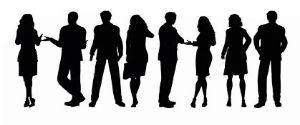 Silhouettes of eight people standing in different poses.