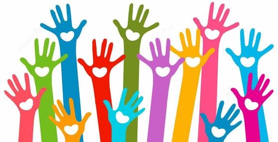 Colorful hands with heart shapes raised up, symbolizing unity and support.